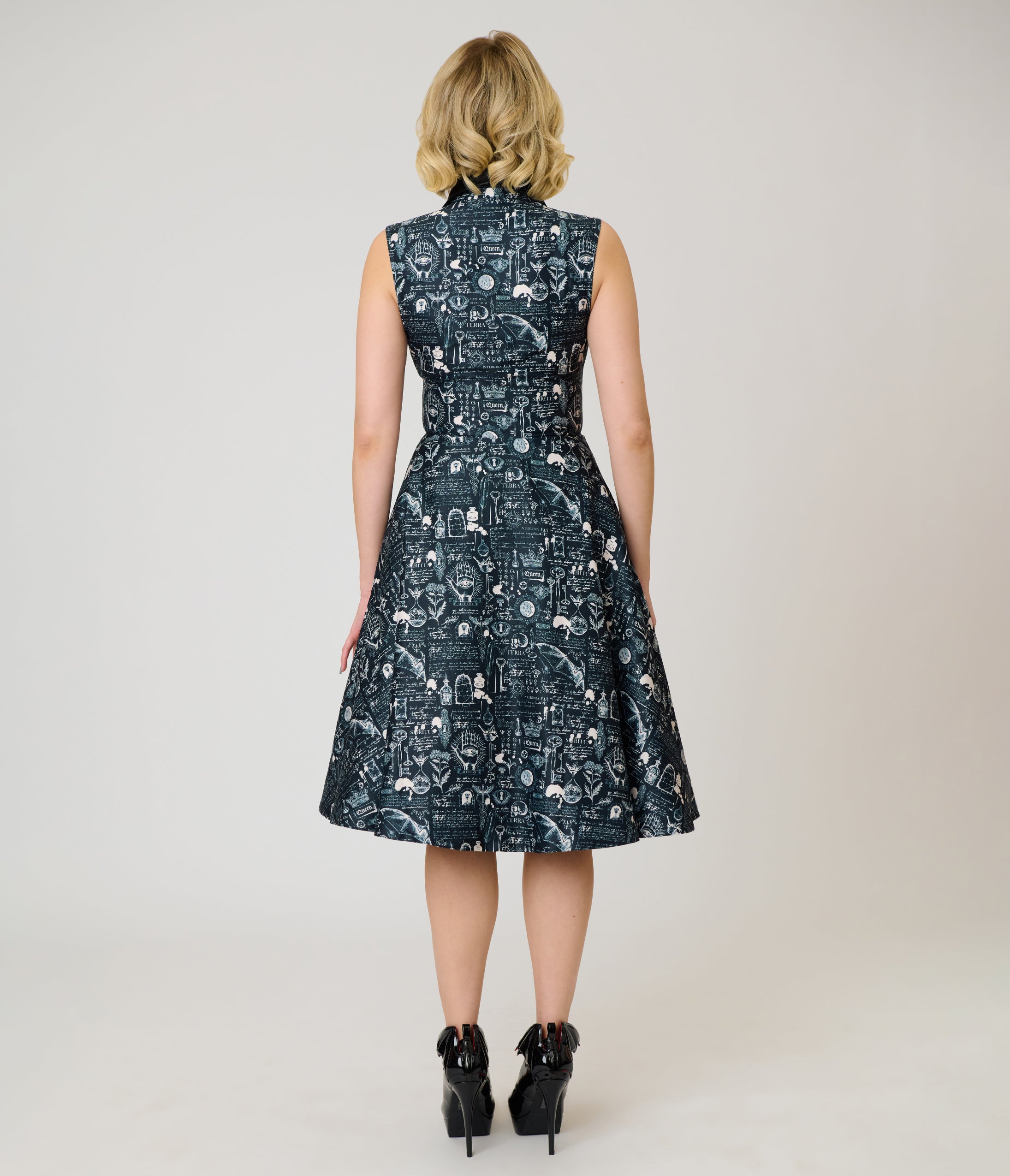 Unique Vintage Black Bat Print & Bat Collar Darlene Swing Dress