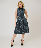 Unique Vintage Black Bat Print & Bat Collar Darlene Swing Dress