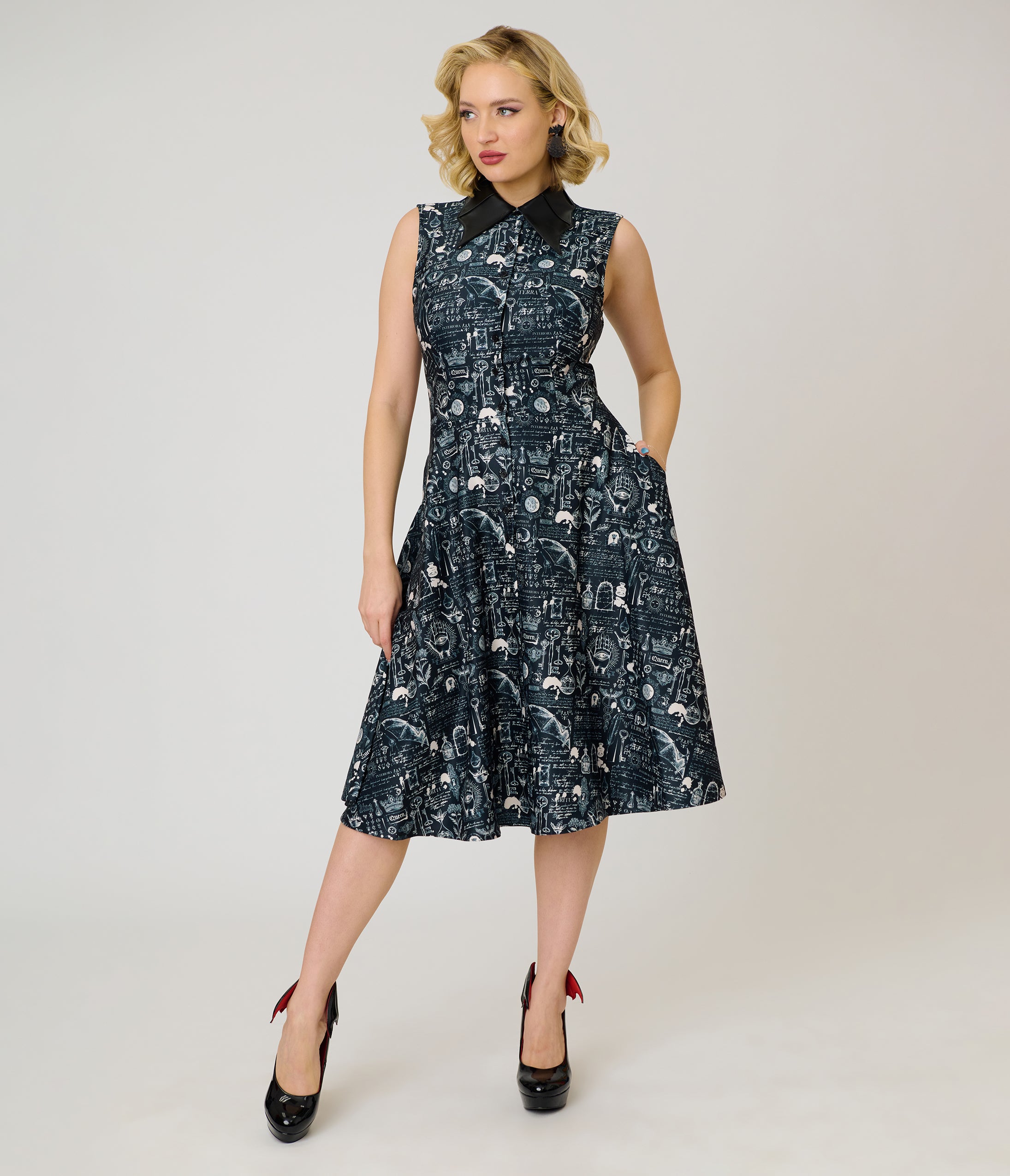 Unique Vintage Black Bat Print & Bat Collar Darlene Swing Dress