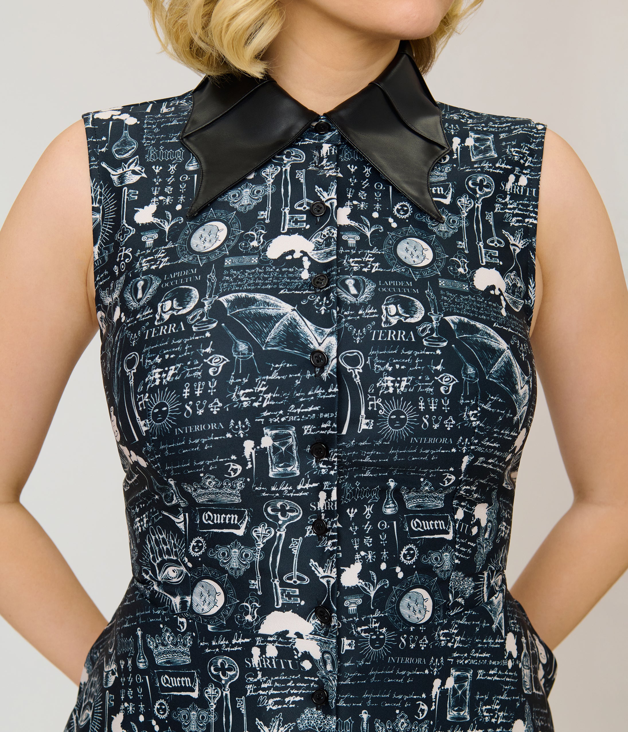 Unique Vintage Black Bat Print & Bat Collar Darlene Swing Dress
