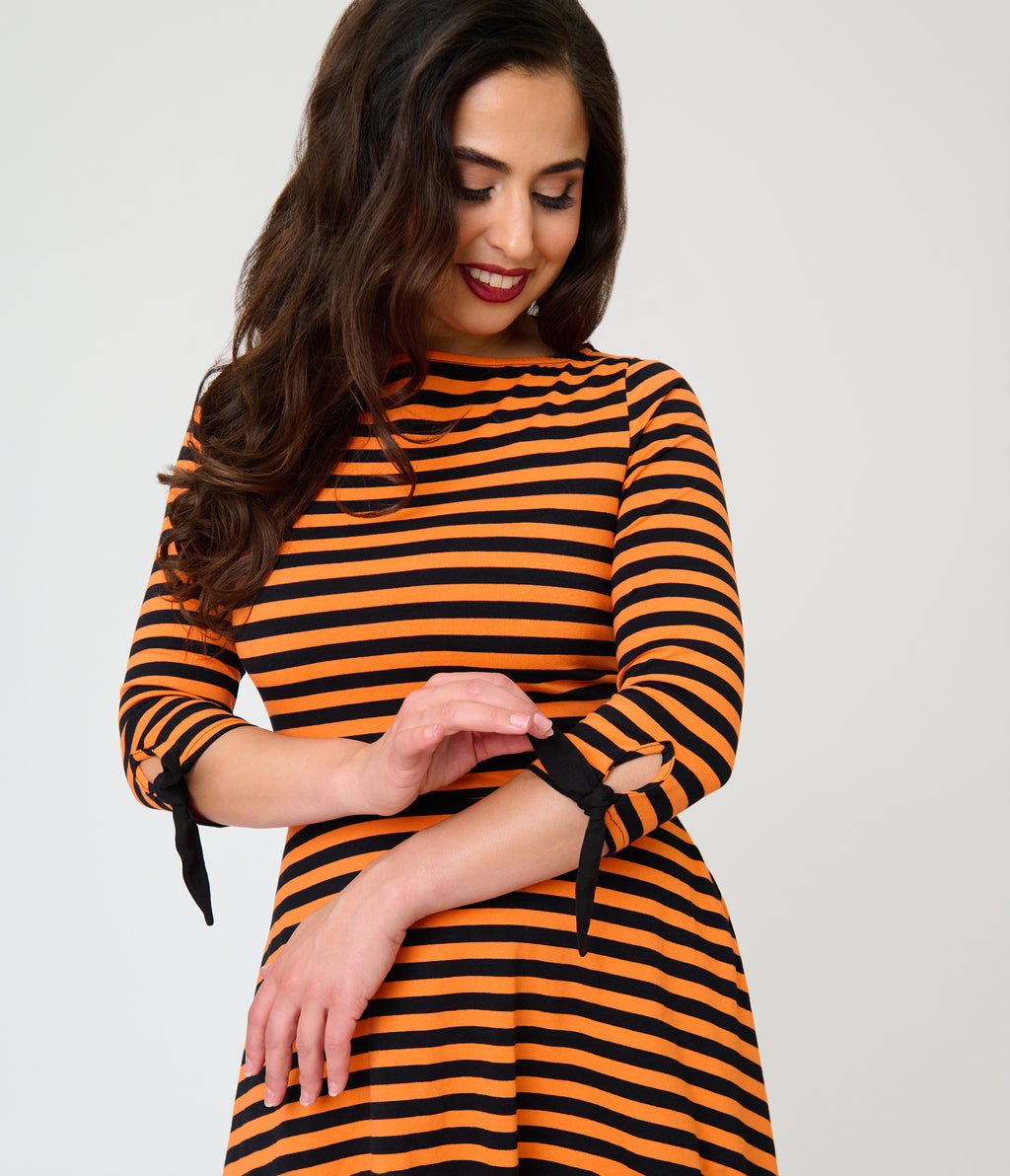 Unique Vintage Orange & Black Stripe Knit Nikki Swing Dress
