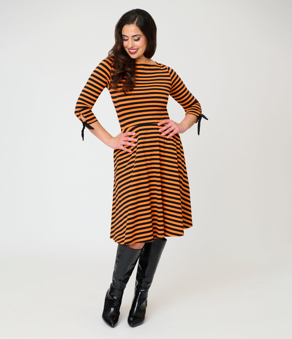 Unique Vintage Orange & Black Stripe Knit Nikki Swing Dress