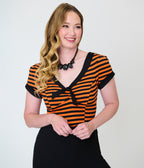 Unique Vintage Orange & Black Stripe V-Neck Bow Top