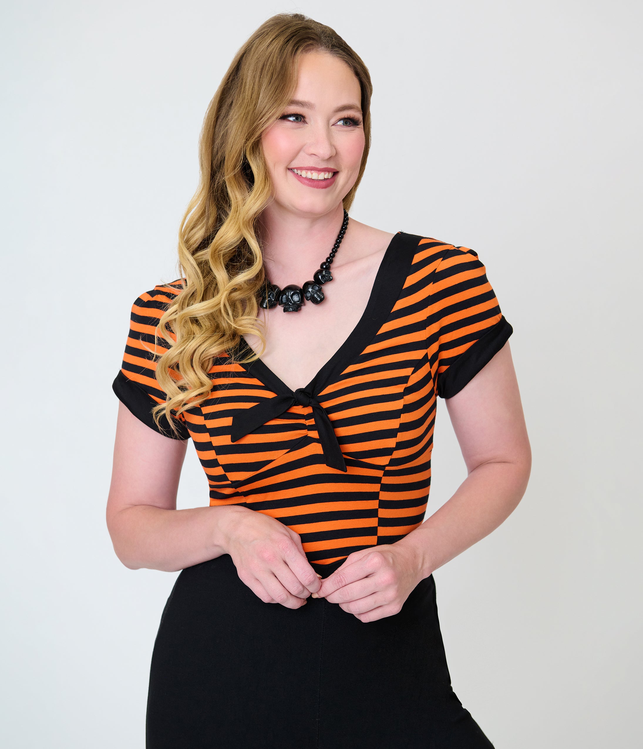 Unique Vintage Orange & Black Stripe V-Neck Bow Top