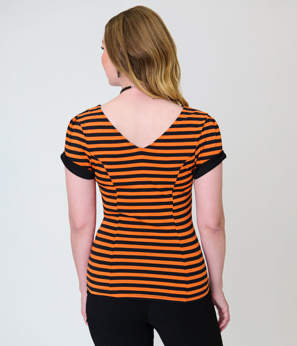 Unique Vintage Orange & Black Stripe V-Neck Bow Top
