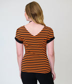 Unique Vintage Orange & Black Stripe V-Neck Bow Top