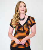 Unique Vintage Orange & Black Stripe V-Neck Bow Top