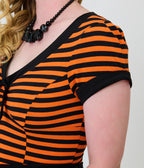 Unique Vintage Orange & Black Stripe V-Neck Bow Top
