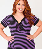 Unique Vintage Plus Size Purple & Black Stripe V-Neck Bow Top