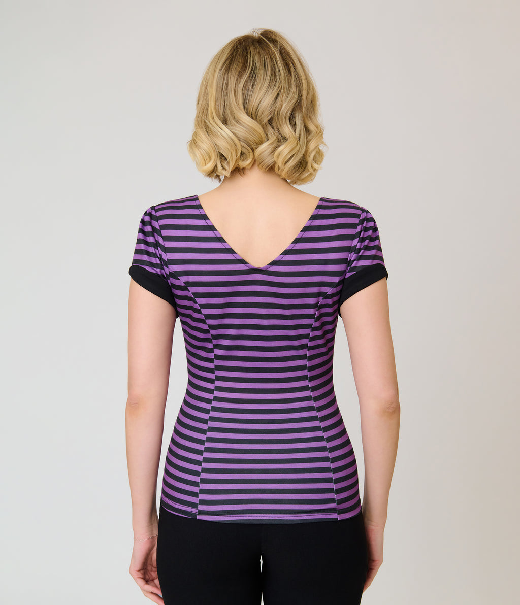 Unique Vintage Purple & Black Stripe V-Neck Bow Top