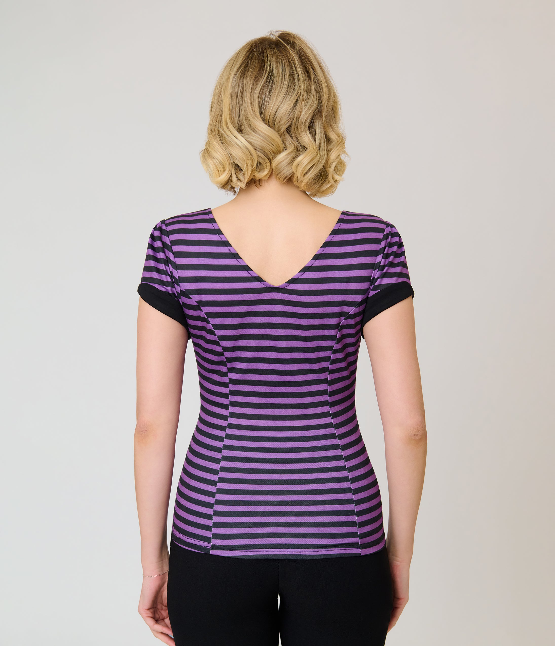 Unique Vintage Purple & Black Stripe V-Neck Bow Top