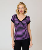 Unique Vintage Purple & Black Stripe V-Neck Bow Top