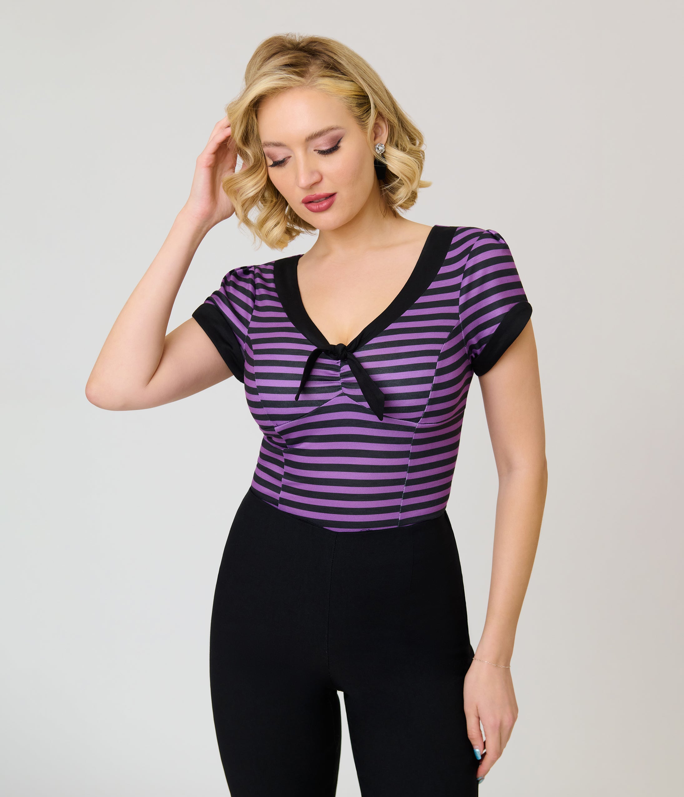 Unique Vintage Purple & Black Stripe V-Neck Bow Top