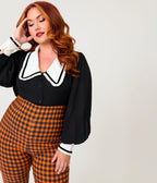 Unique Vintage Plus Size Black & White Long Sleeve Oversized Collar Blouse