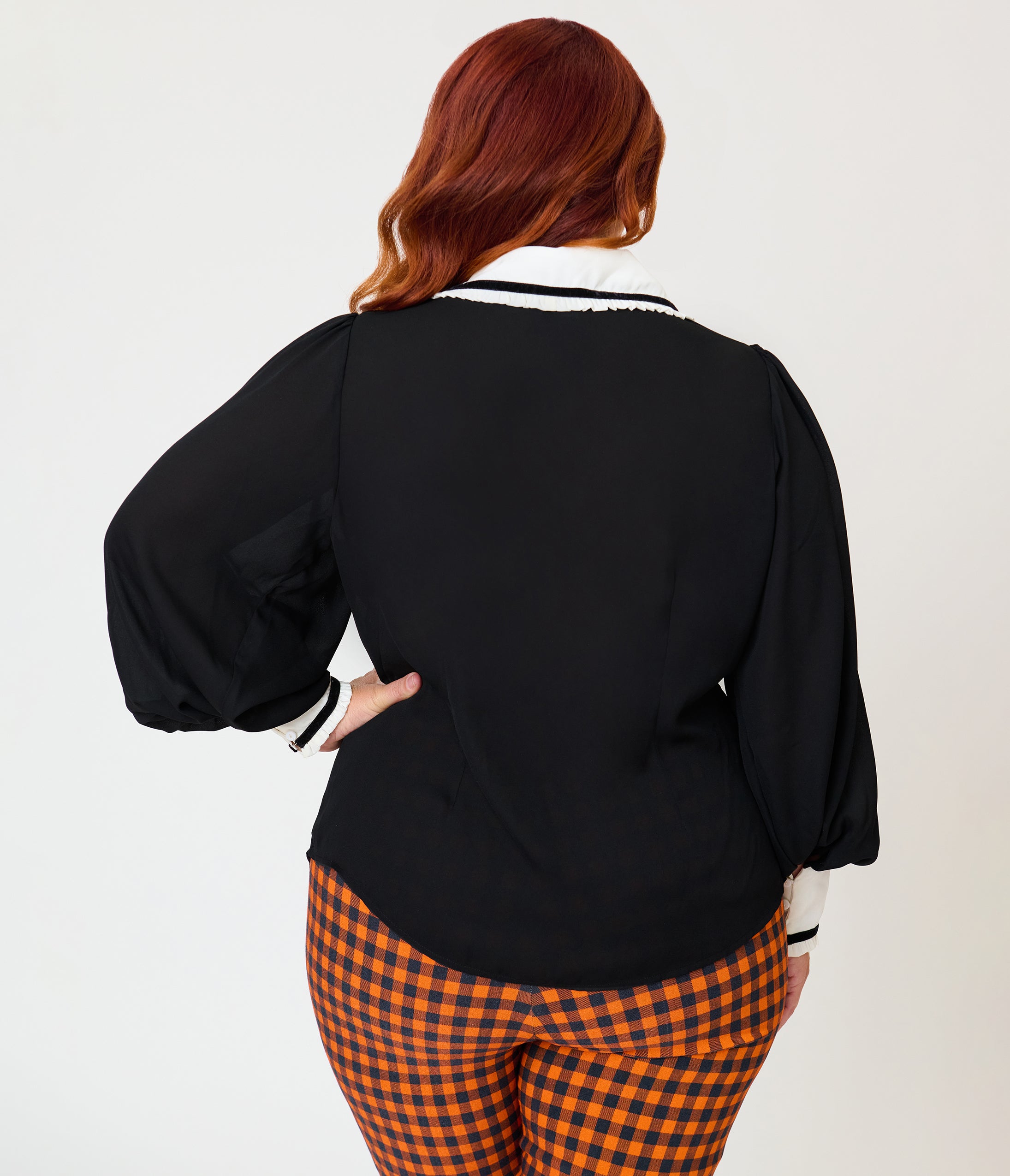 Unique Vintage Plus Size Black & White Long Sleeve Oversized Collar Blouse