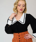 Unique Vintage Black & White Long Sleeve Oversized Collar Blouse