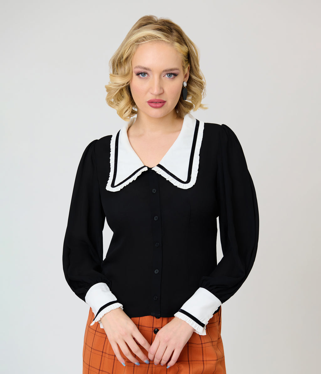 Unique Vintage Black & White Long Sleeve Oversized Collar Blouse