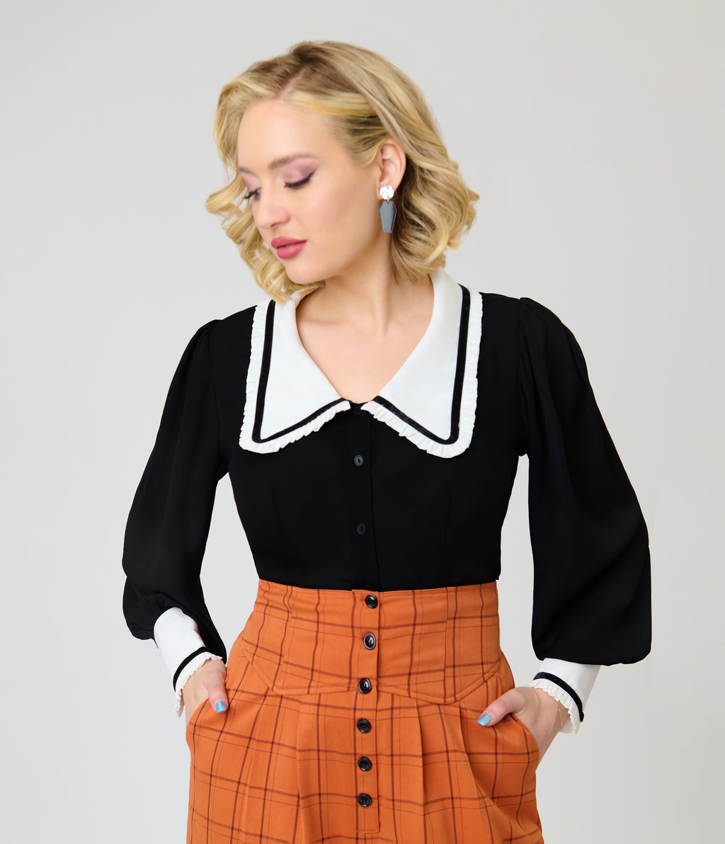 Unique Vintage Black & White Long Sleeve Oversized Collar Blouse