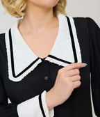 Unique Vintage Black & White Long Sleeve Oversized Collar Blouse