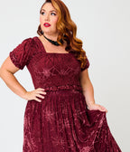 Unique Vintage Plus Size Burgundy Spider Web Burnout Tiered Midi Skirt