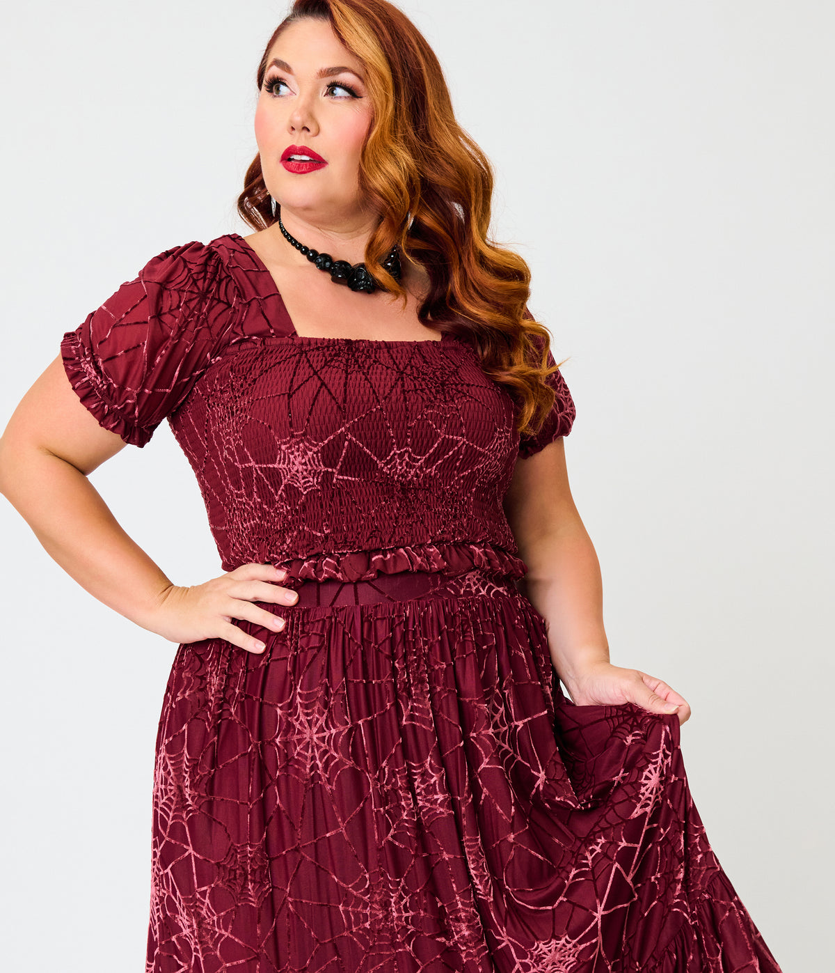 Unique Vintage Plus Size Burgundy Spider Web Burnout Tiered Midi Skirt