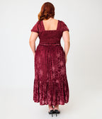 Unique Vintage Plus Size Burgundy Spider Web Burnout Tiered Midi Skirt