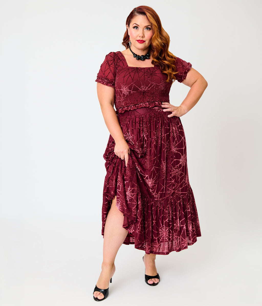 Unique Vintage Plus Size Burgundy Spider Web Burnout Tiered Midi Skirt