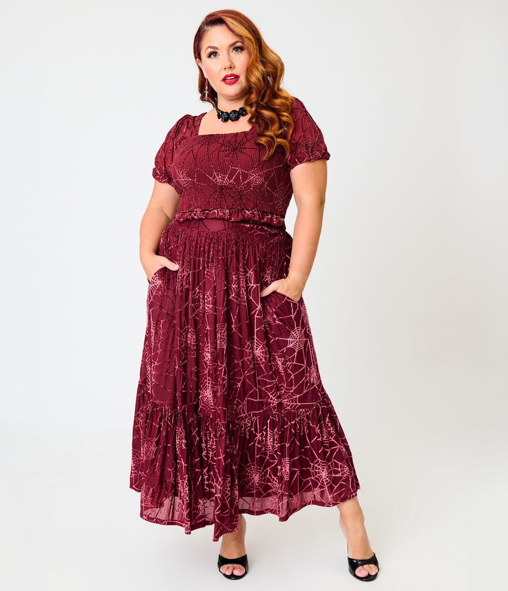 Unique Vintage Plus Size Burgundy Spider Web Burnout Tiered Midi Skirt