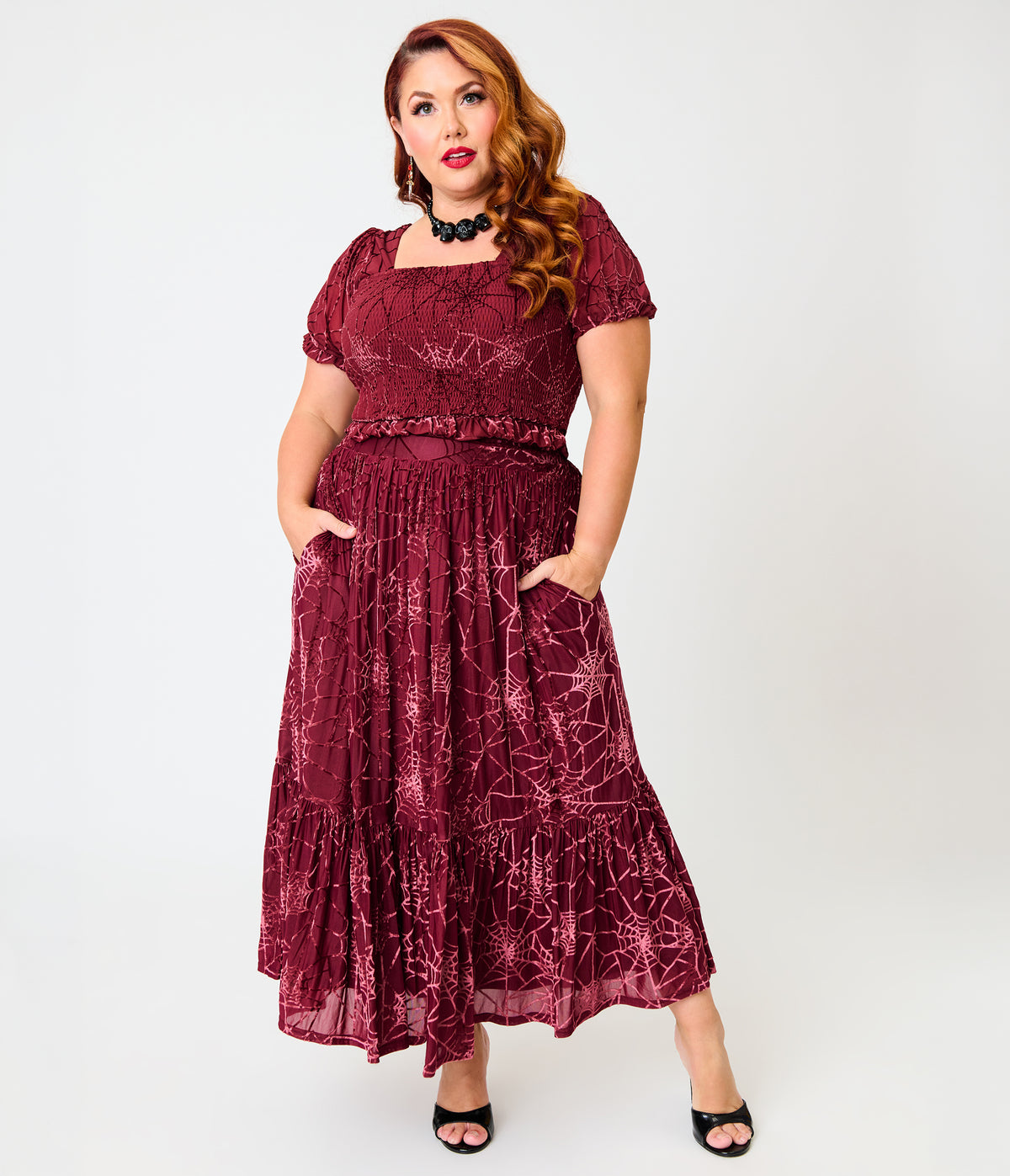Unique Vintage Plus Size Burgundy Spider Web Burnout Tiered Midi Skirt