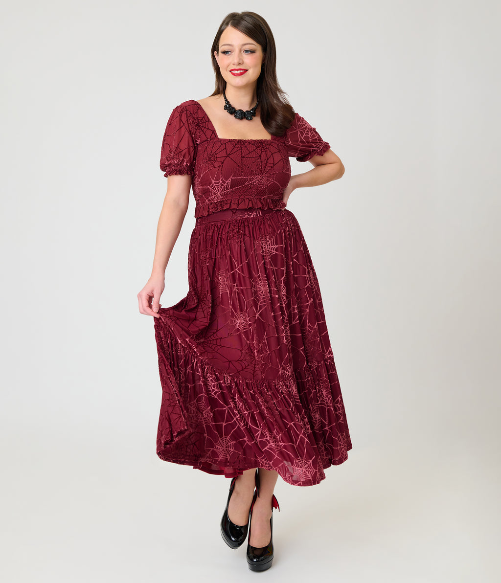 Unique Vintage Burgundy Spider Web Burnout Tiered Midi Skirt