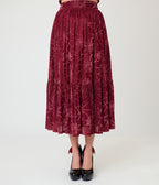 Unique Vintage Burgundy Spider Web Burnout Tiered Midi Skirt