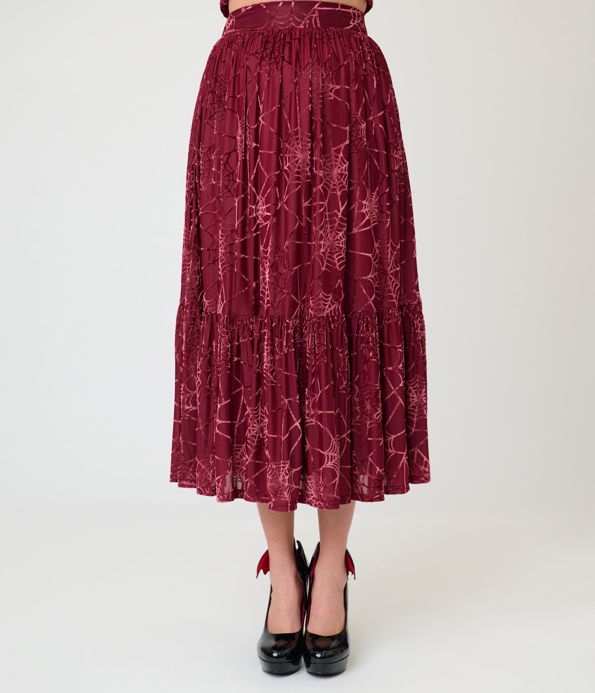 Unique Vintage Burgundy Spider Web Burnout Tiered Midi Skirt