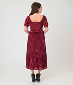Unique Vintage Burgundy Spider Web Burnout Tiered Midi Skirt