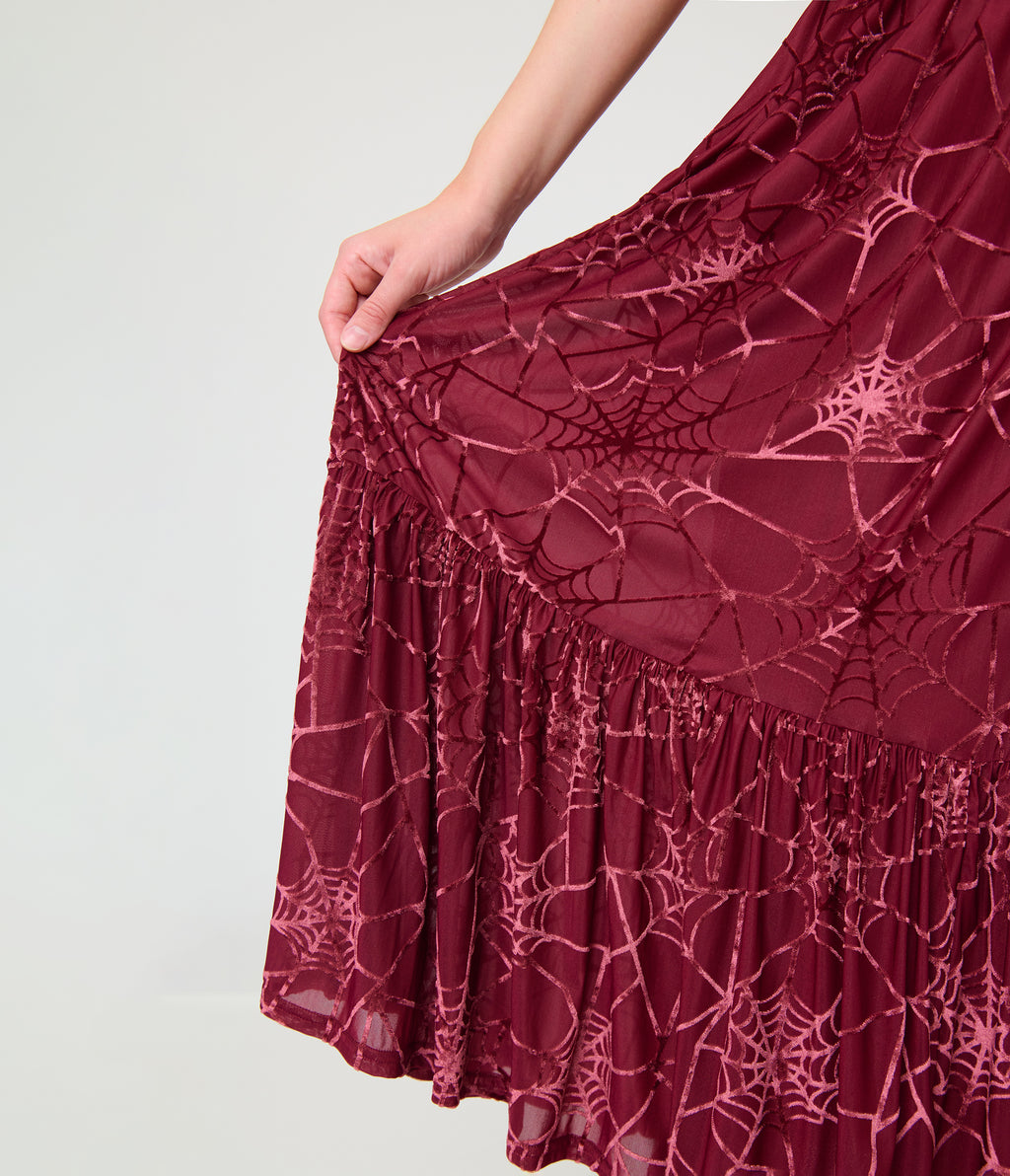 Unique Vintage Burgundy Spider Web Burnout Tiered Midi Skirt