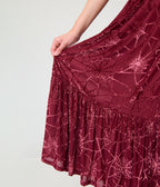 Unique Vintage Burgundy Spider Web Burnout Tiered Midi Skirt