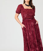 Unique Vintage Burgundy Spider Web Burnout Tiered Midi Skirt