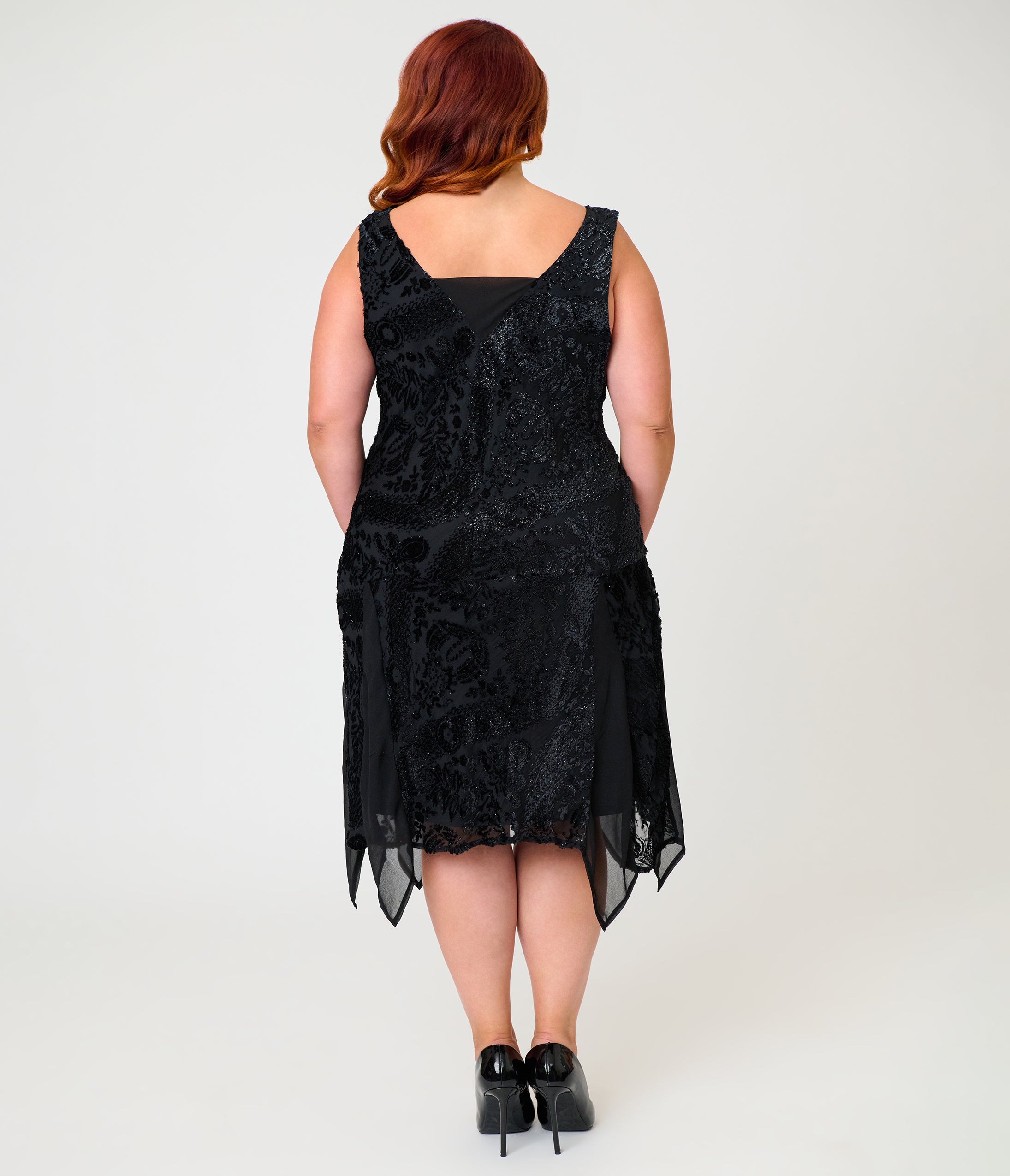 Unique Vintage Plus Size Black Velvet Burnout Hemingway Flapper Dress
