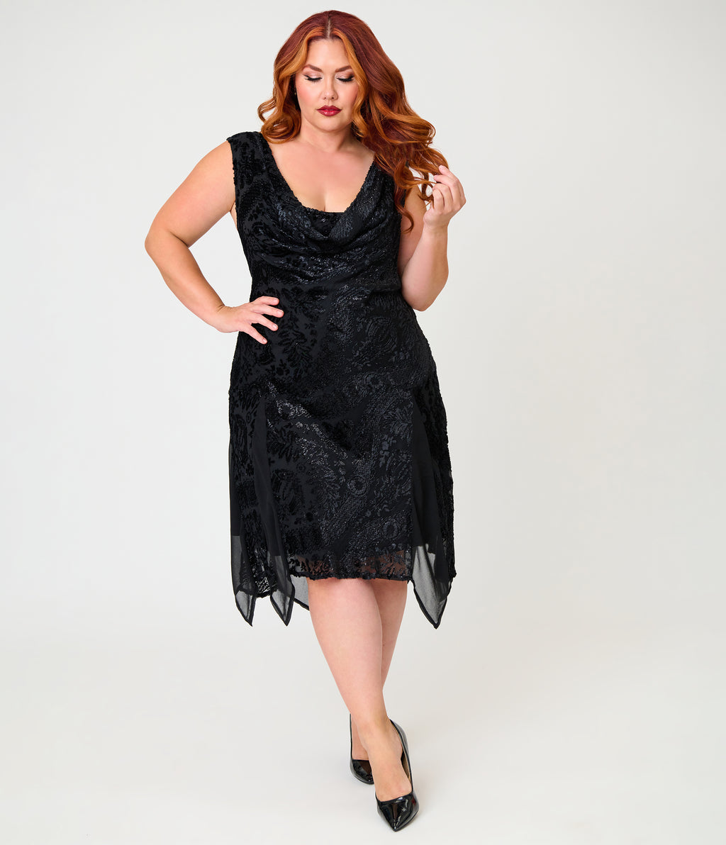 Unique Vintage Plus Size Black Velvet Burnout Hemingway Flapper Dress