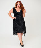 Unique Vintage Plus Size Black Velvet Burnout Hemingway Flapper Dress