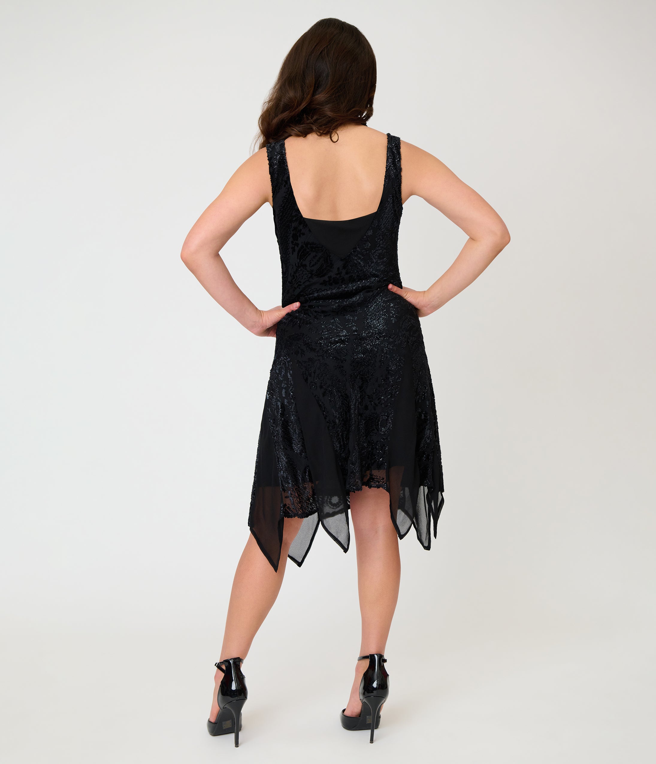 Unique Vintage Black Velvet Burnout Hemingway Flapper Dress