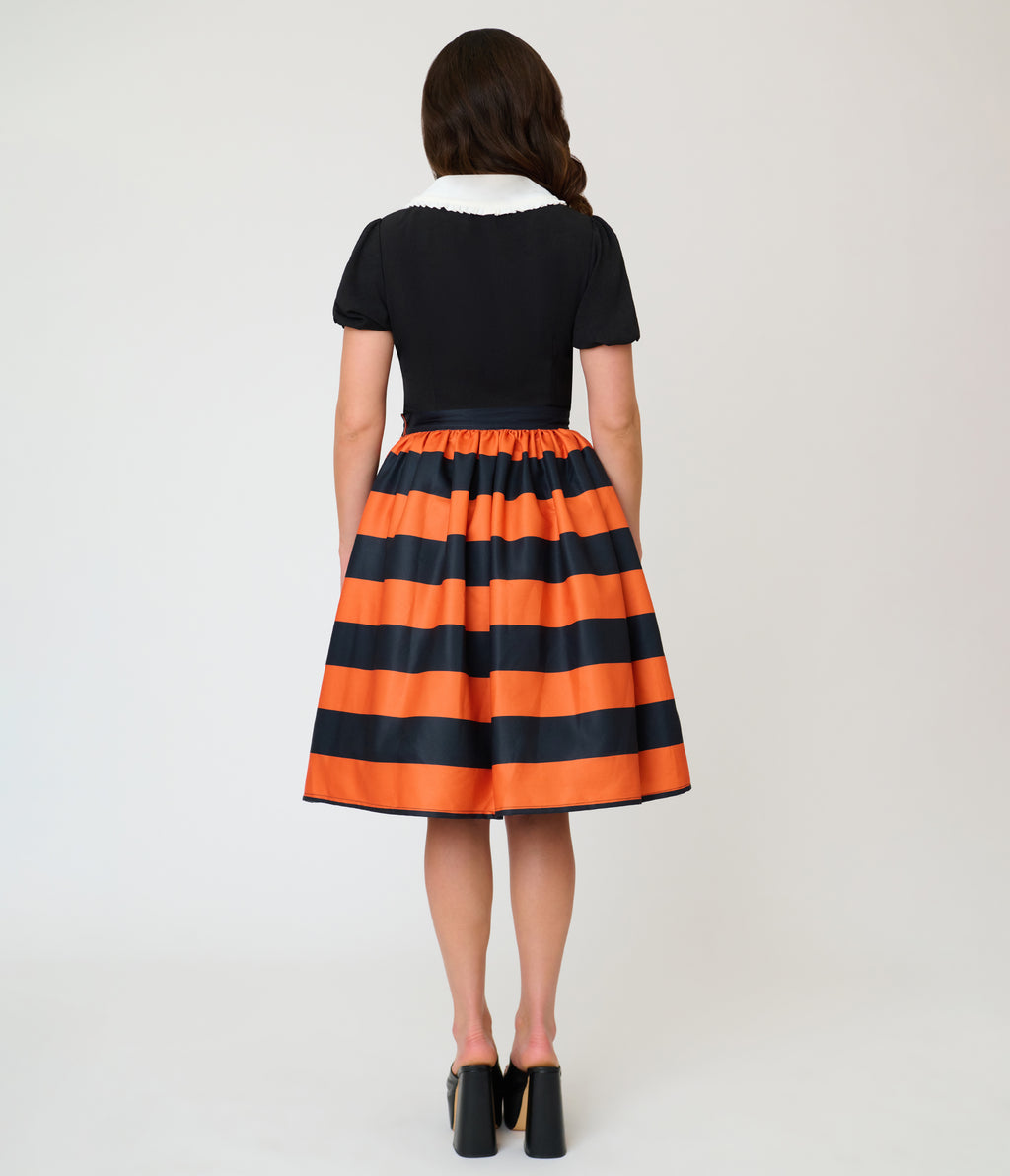 Unique Vintage Orange & Black Stripe Gellar Swing Skirt
