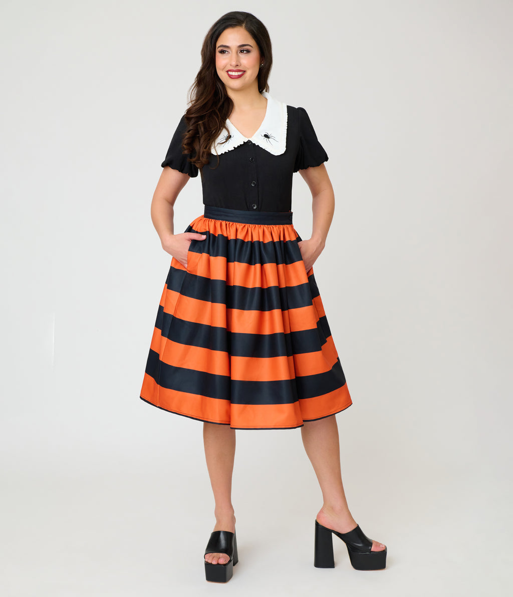 Unique Vintage Orange & Black Stripe Gellar Swing Skirt