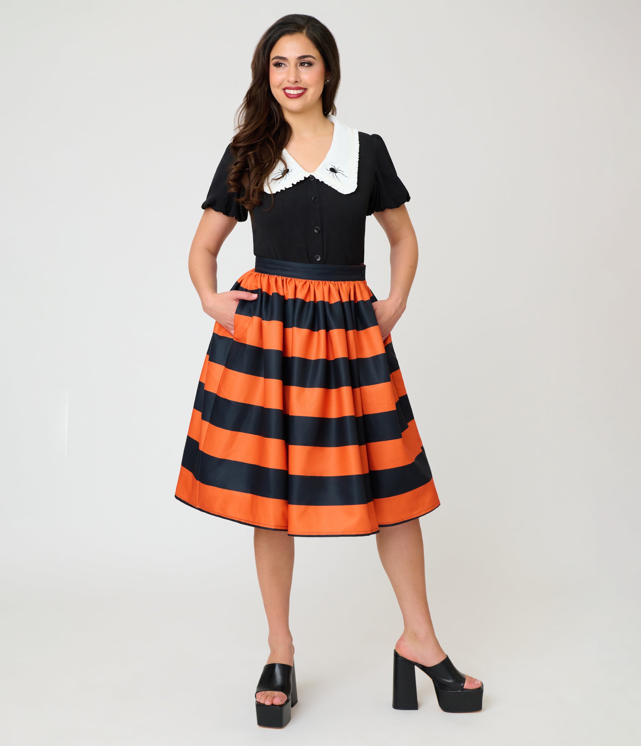 Unique Vintage Orange & Black Stripe Gellar Swing Skirt