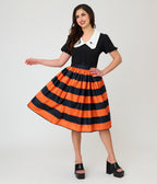 Unique Vintage Orange & Black Stripe Gellar Swing Skirt