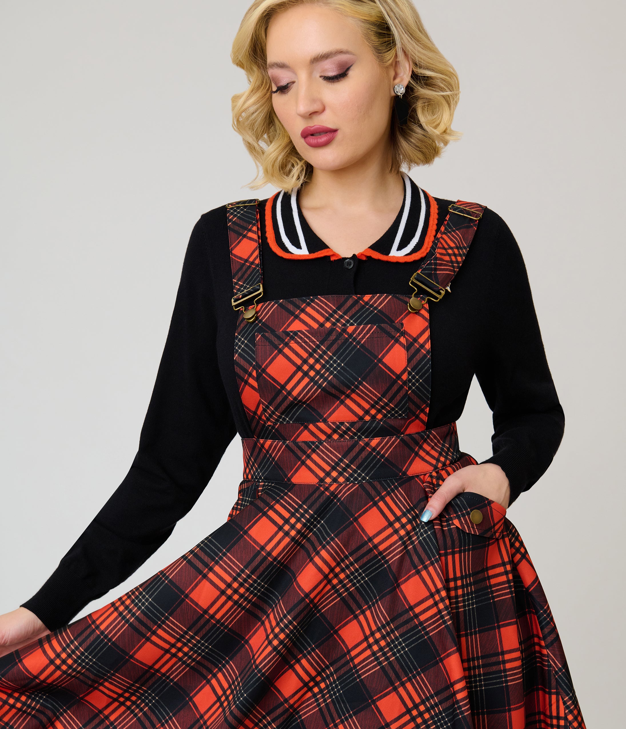 Unique Vintage Orange Plaid Brionne Pinafore Skirt