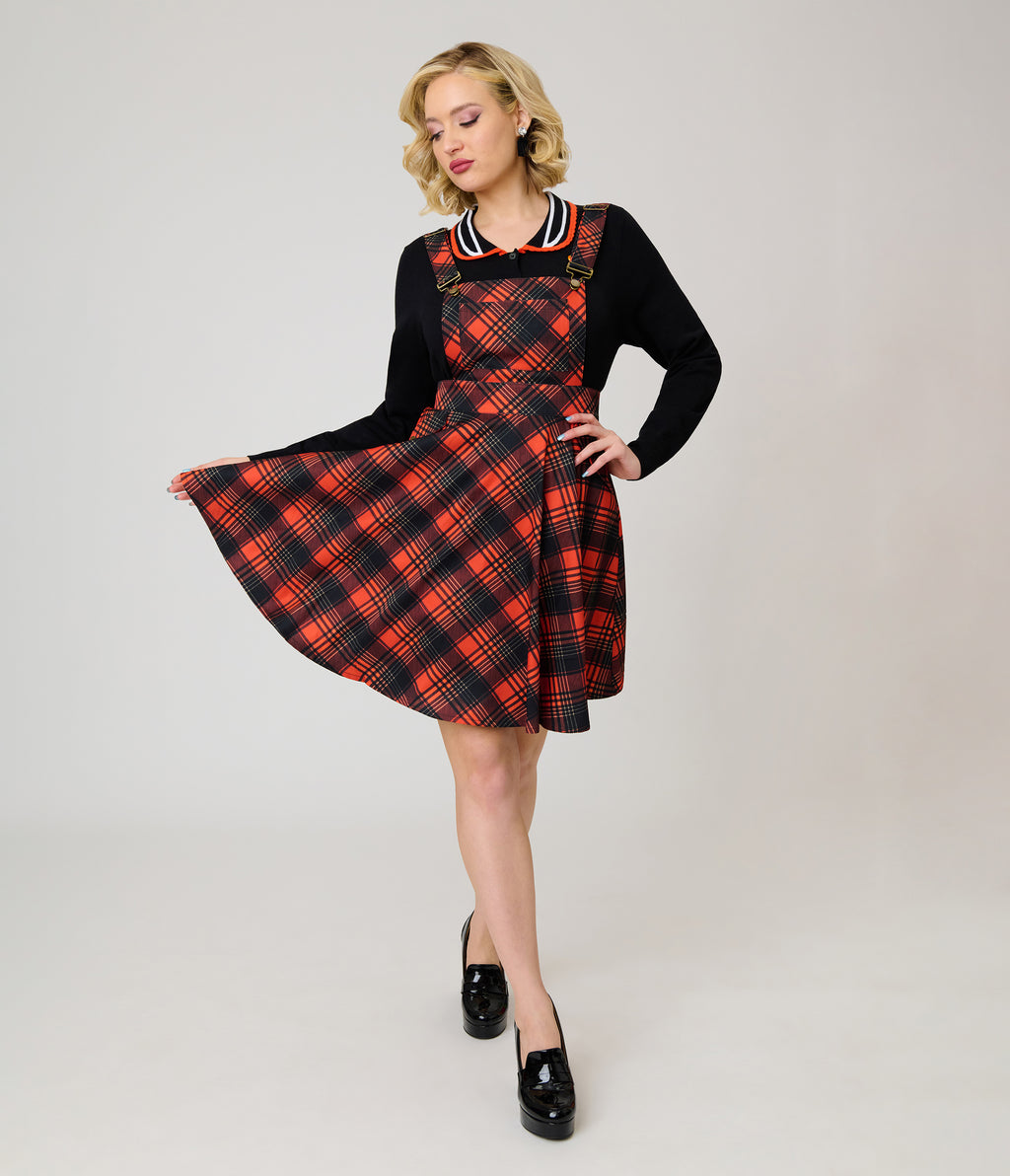 Unique Vintage Orange Plaid Brionne Pinafore Skirt