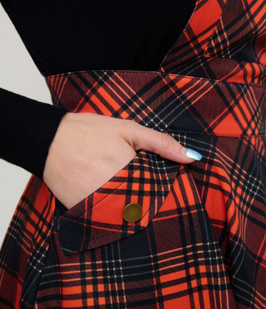 Unique Vintage Orange Plaid Brionne Pinafore Skirt