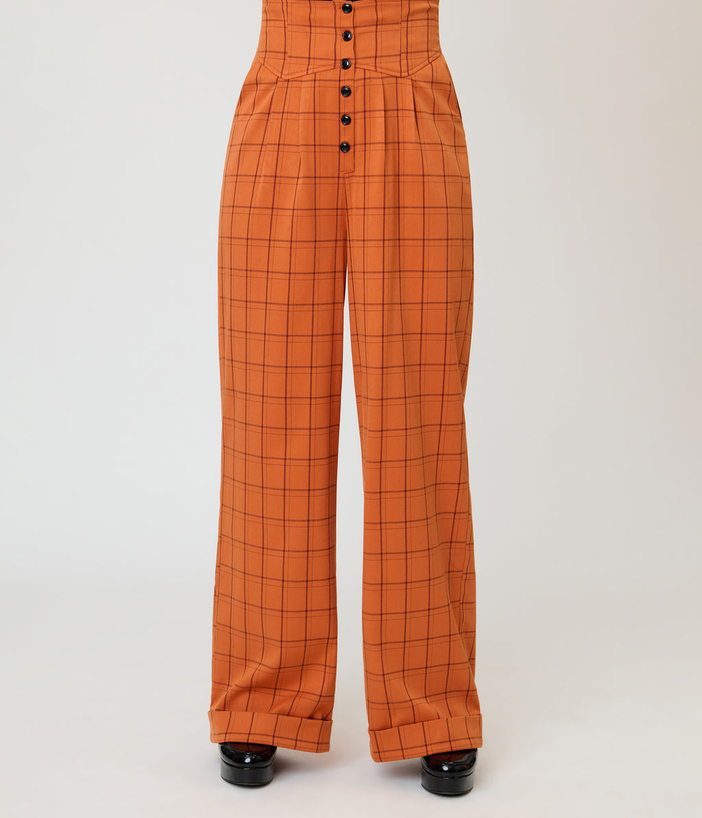 Unique Vintage Orange Windowpane Plaid High Waisted Trouser