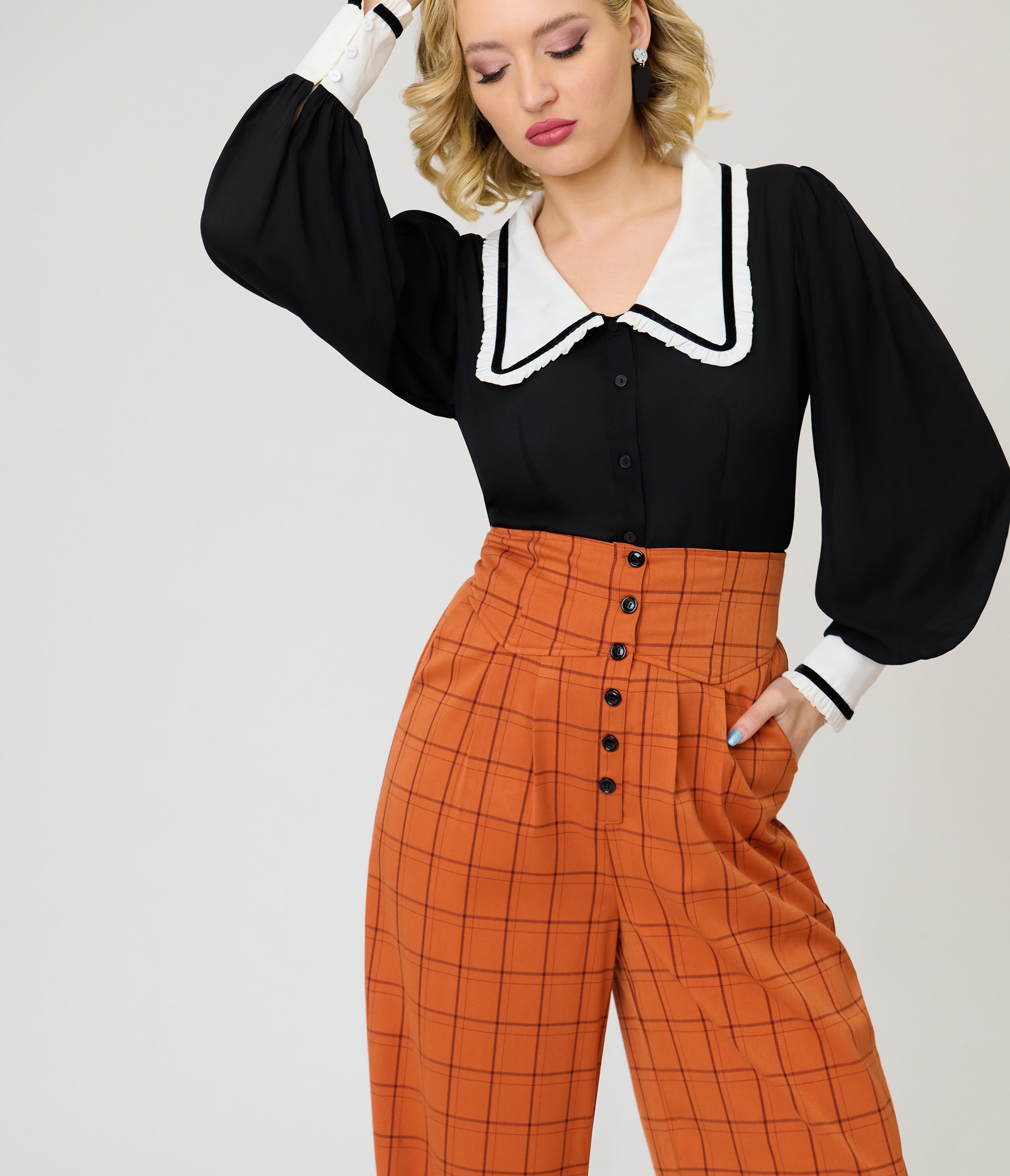Unique Vintage Orange Windowpane Plaid High Waisted Trouser