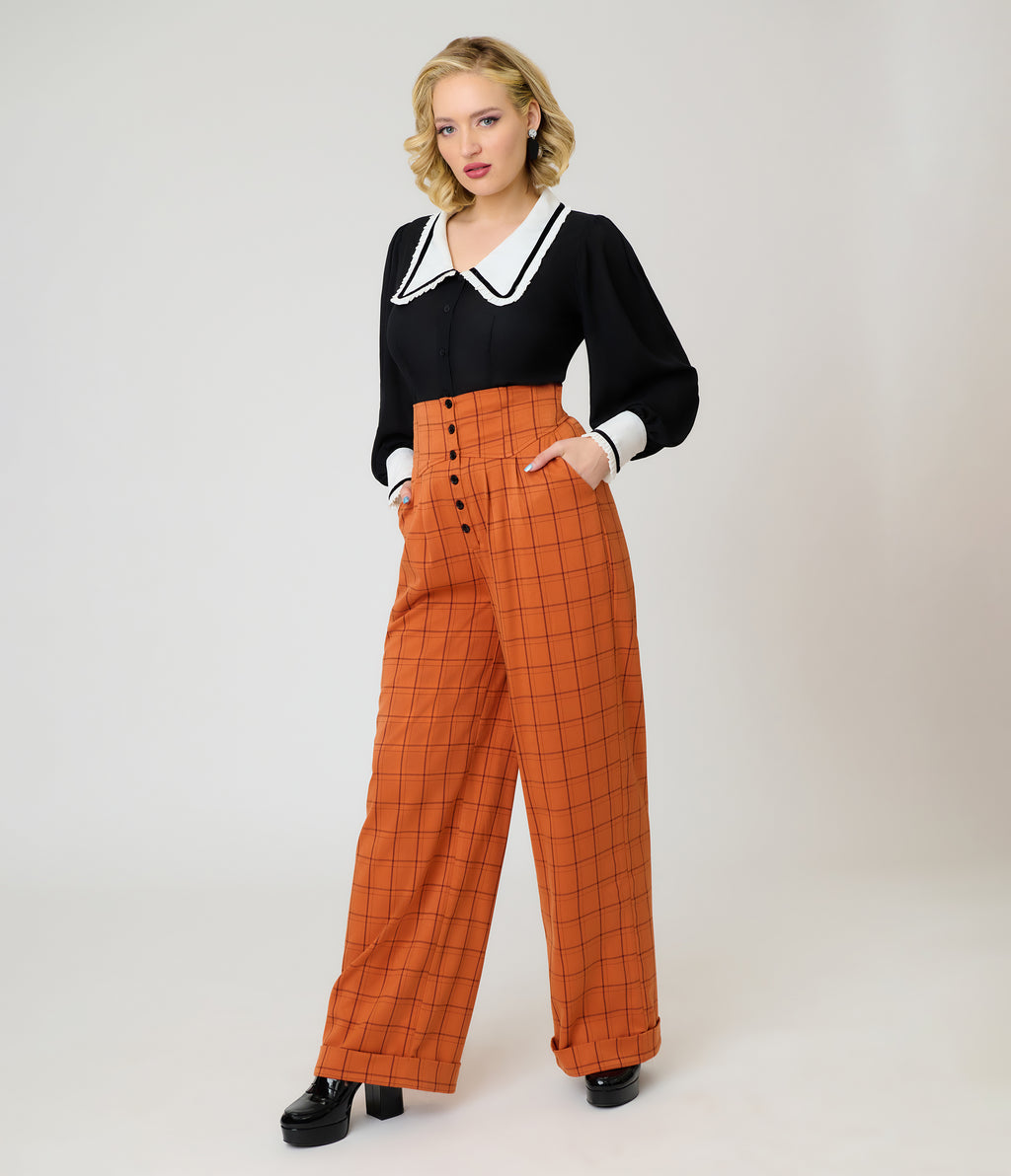 Unique Vintage Orange Windowpane Plaid High Waisted Trouser